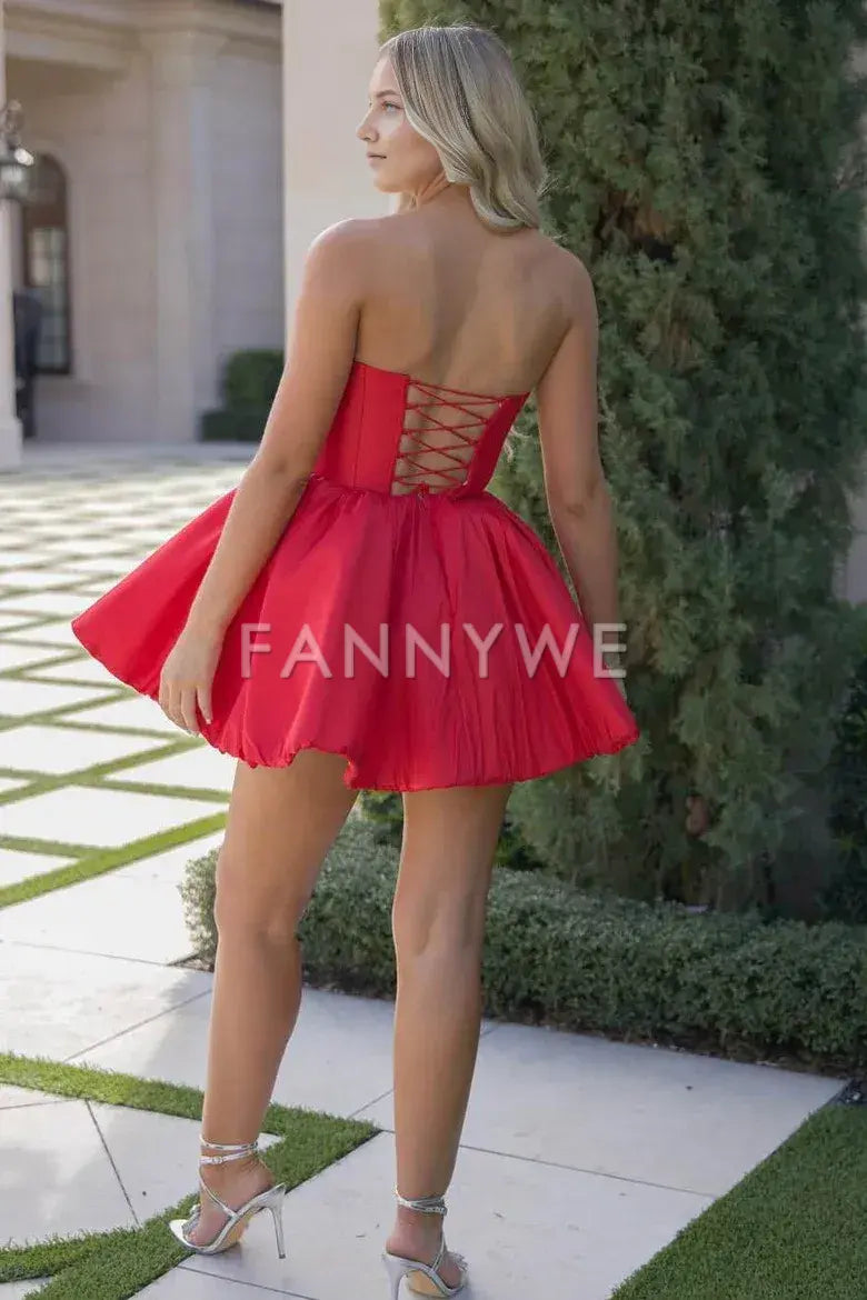 FannyWe Simple Red Strapless Satin Homecoming Dress with Flower formal wear dresses